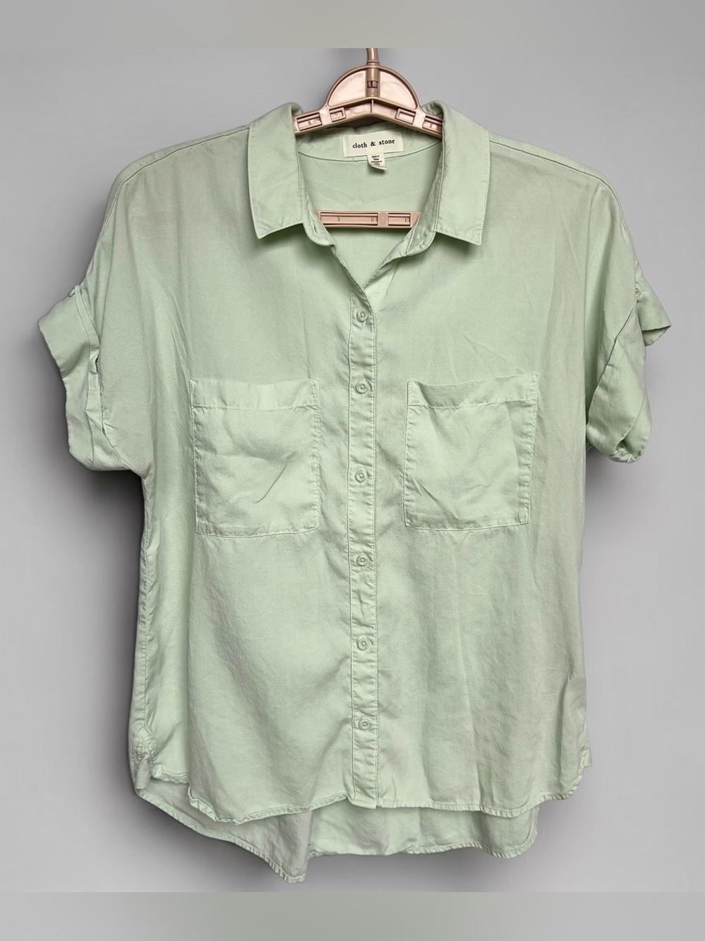Cloth & Stone Tencel Button Down Women Sz L Sea Green Short Sleeve Beach EUC